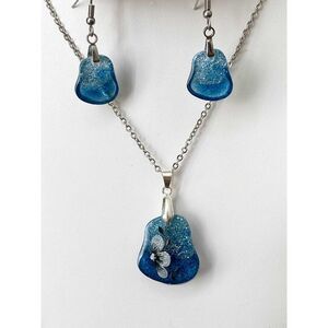 Handmade Resin Irregular Shaped Blue Gradient Floral Jewelry Set